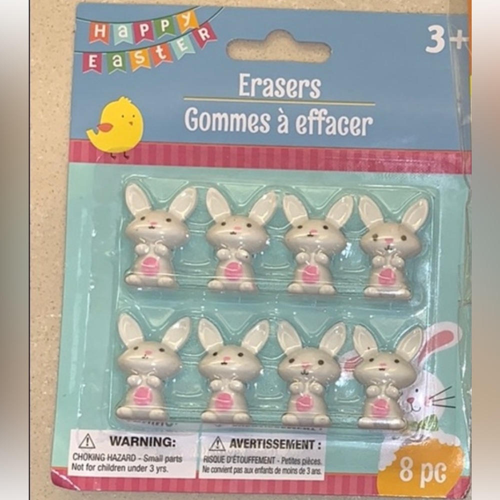 Bunny Erasers Easter Basket Filler White Pink Rabbits Pencil Toppers 8 Pack NWT